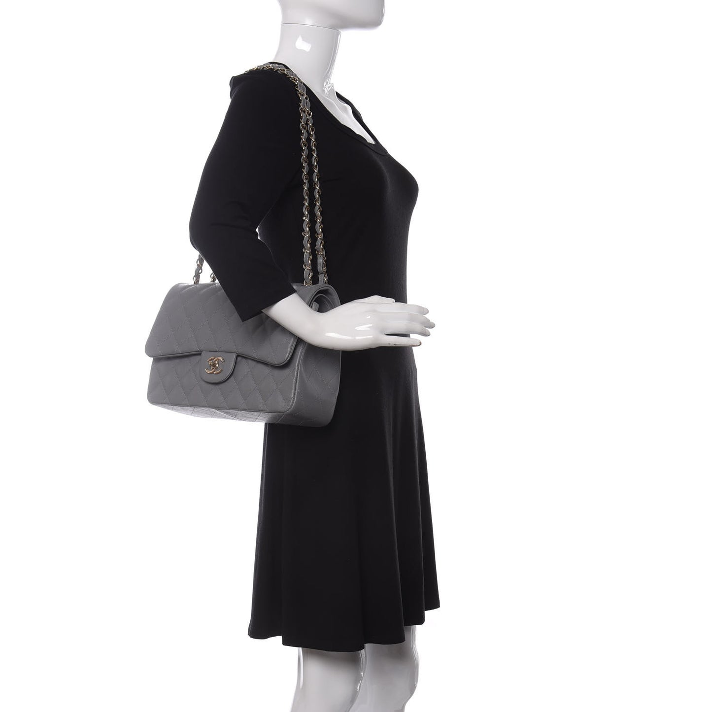 Caviar Quilted Jumbo Double Flap Grey