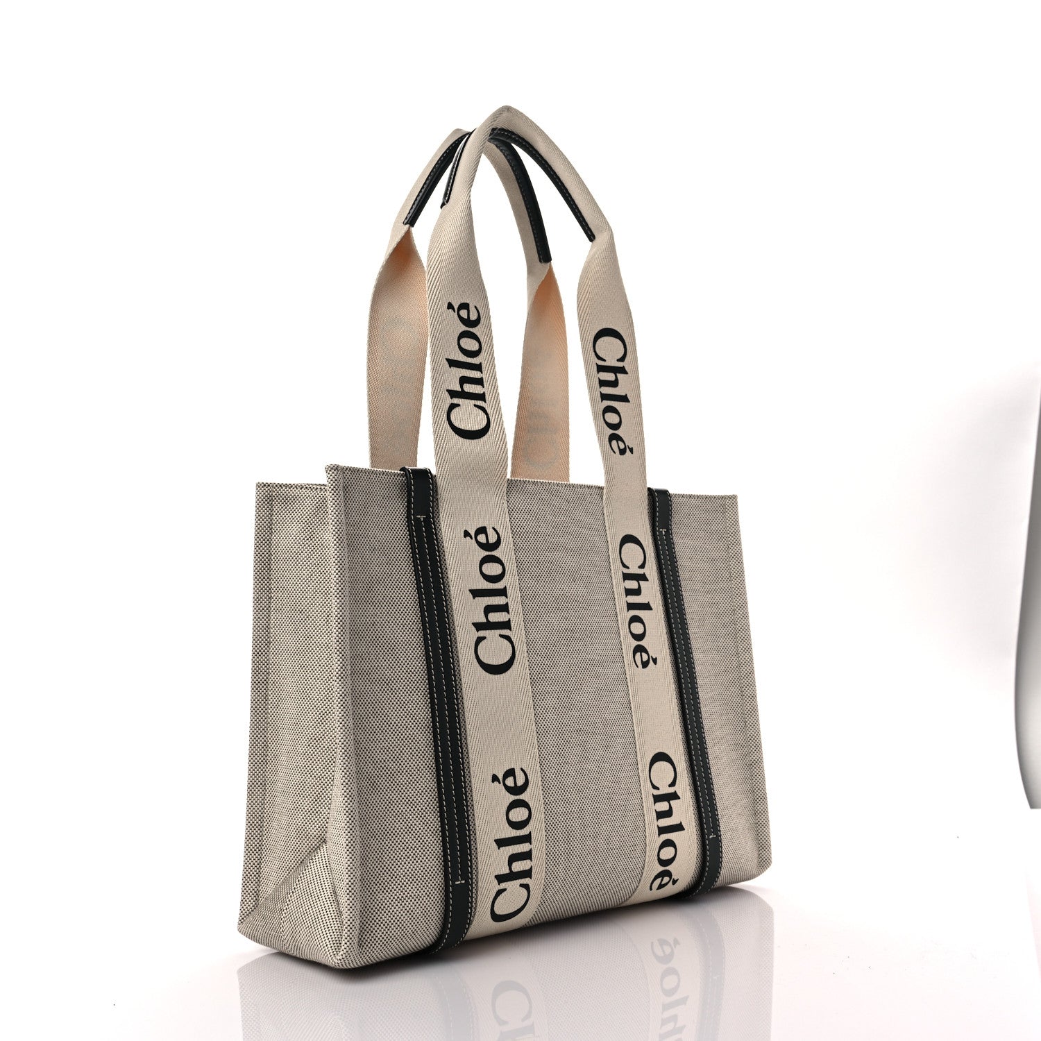 Chloe Cotton Calfskin Medium Woody Ribbon Tote White Black 3 of 6
