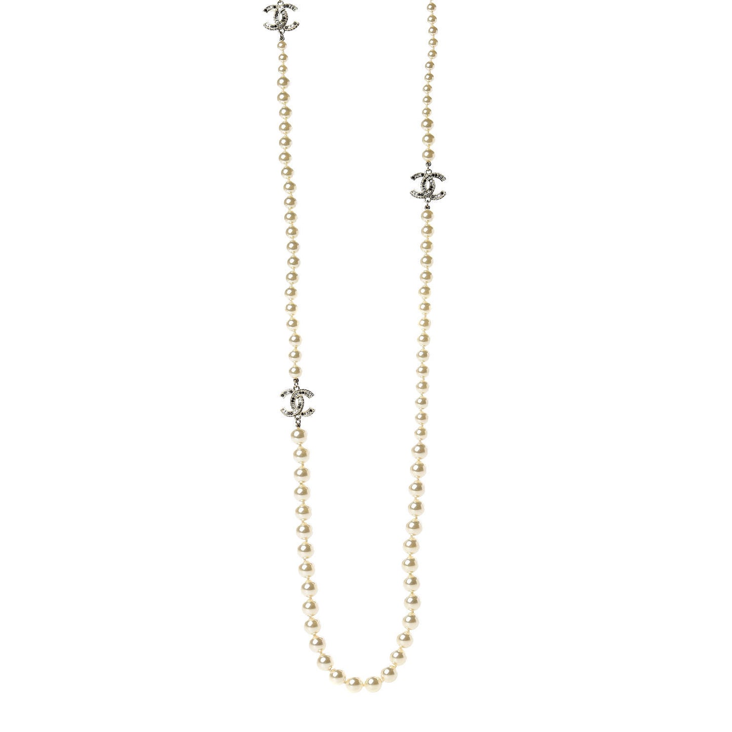 Graduated Pearl Crystal CC Long Necklace Black Gold