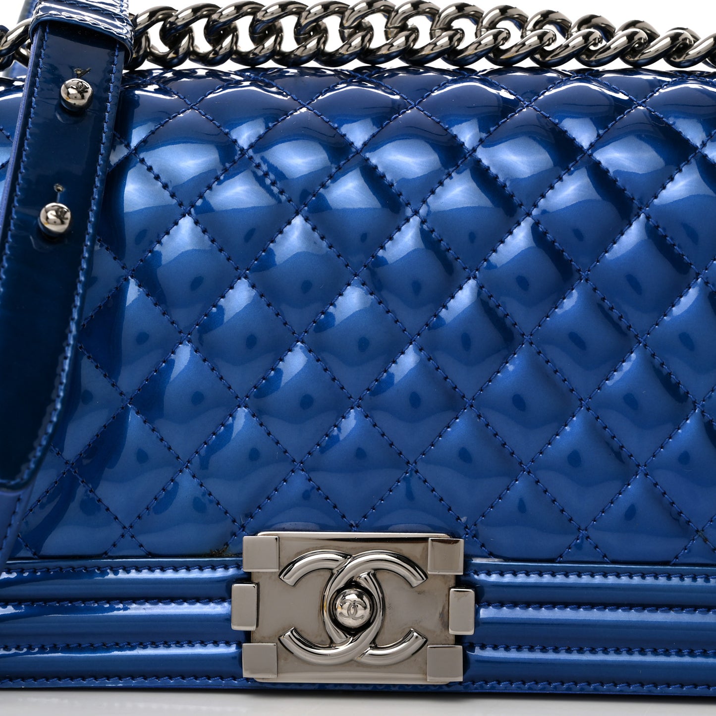 Metallic Patent Quilted Medium Boy Flap Blue