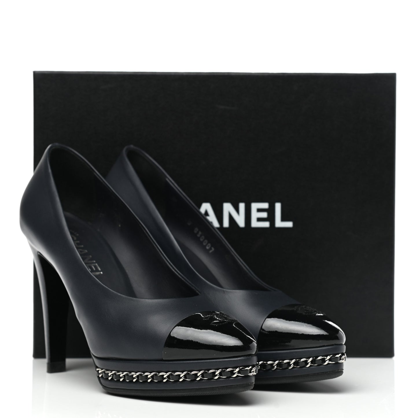 Calfskin Patent CC Cap Toe Platform Chain Pumps 39 Navy Black
