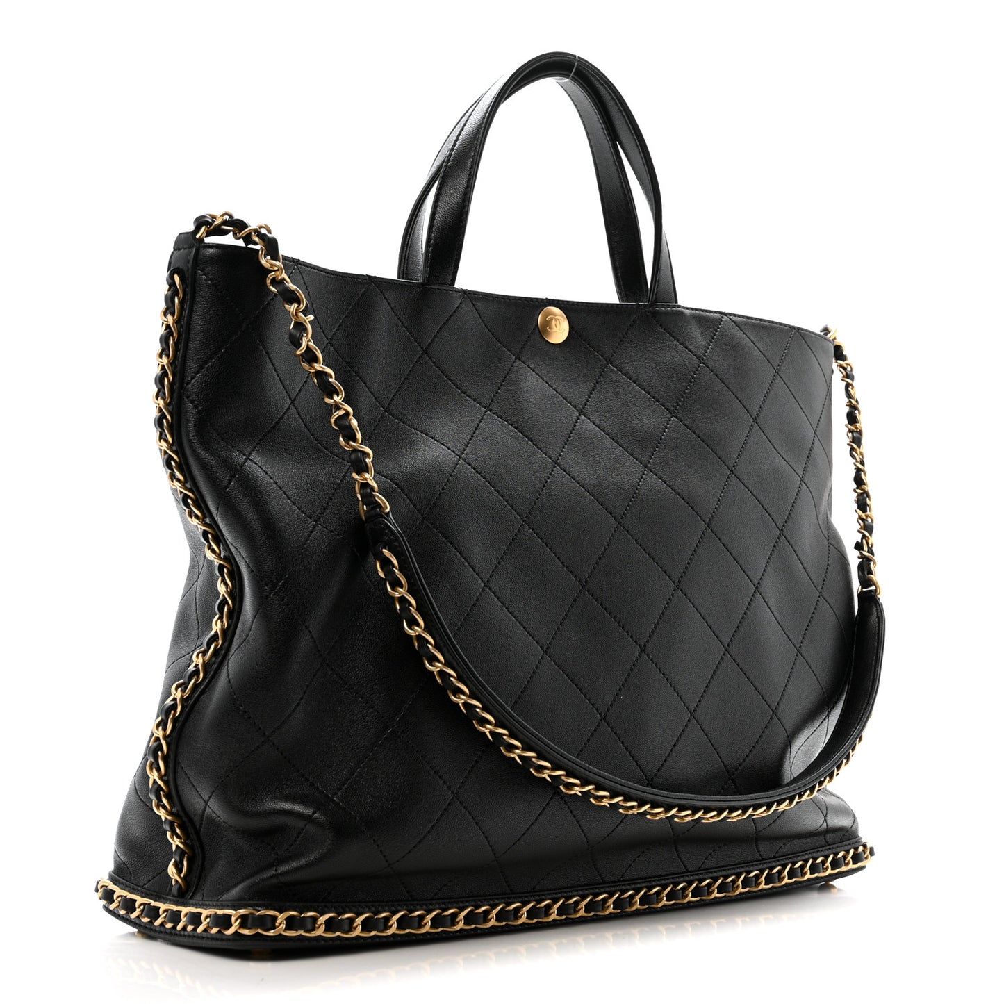Shiny Lambskin Quilted Chain Around Shopping Tote Black