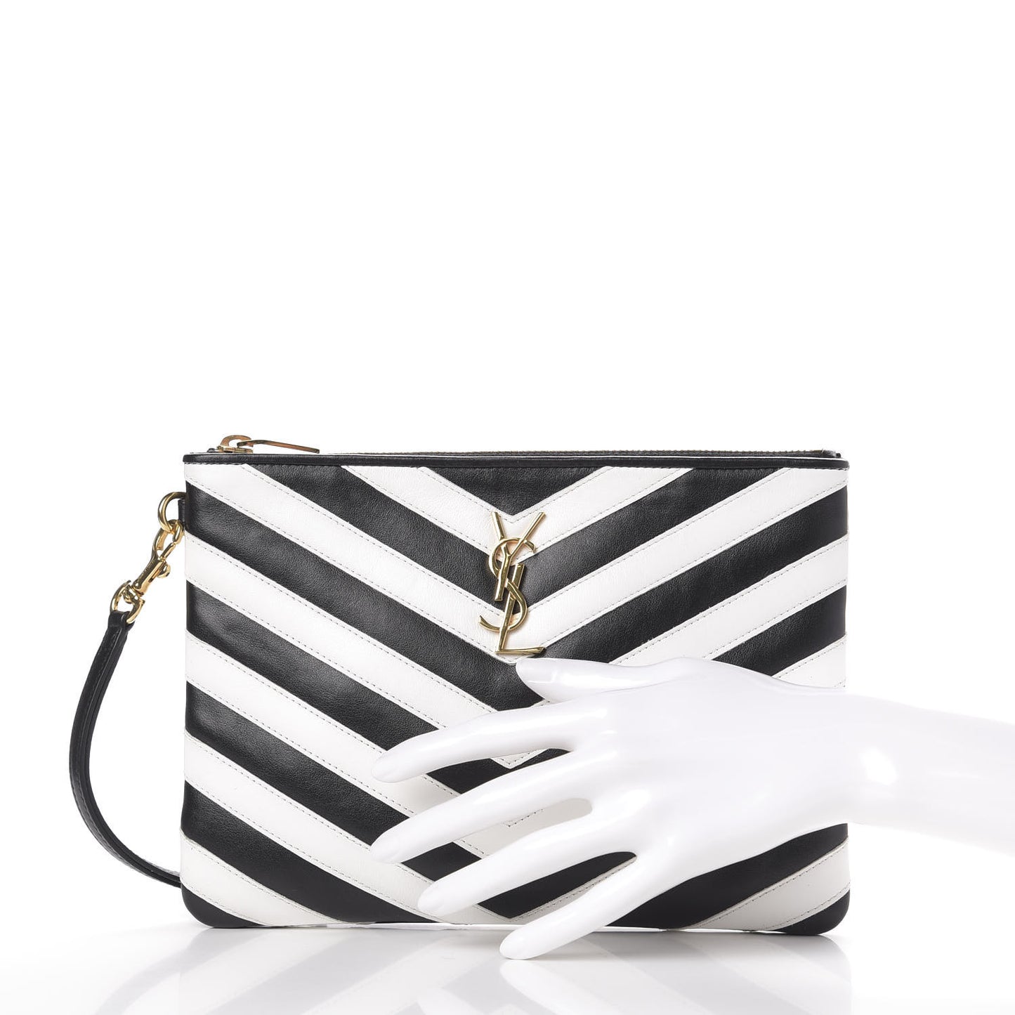Calfskin Matelasse Chevron Monogram A5 Wristlet Black White