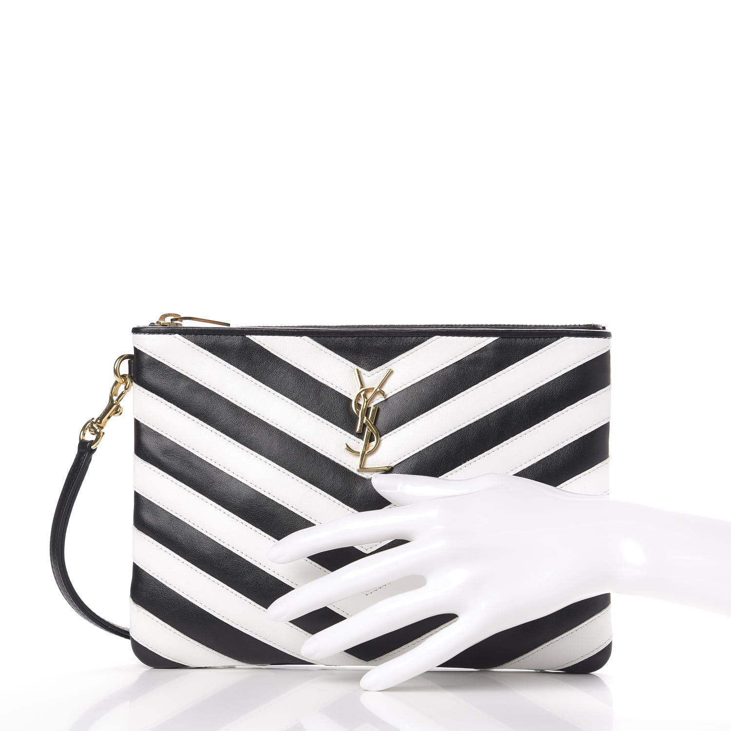Saint Laurent Calfskin Matelasse Chevron Monogram A5 Wristlet Black White 2 of 8