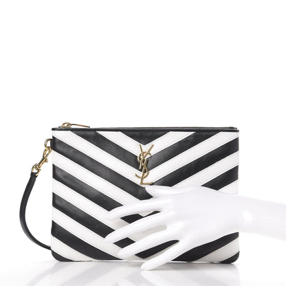 Saint Laurent Calfskin Matelasse Chevron Monogram A5 Wristlet Black White 2 of 8
