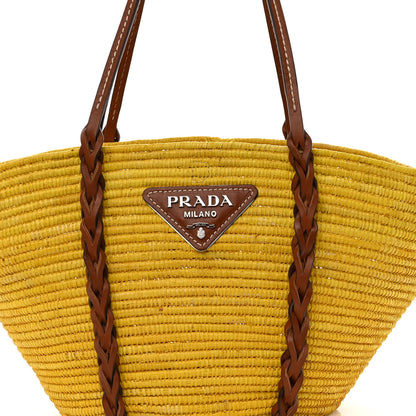 Prada Paglia Vitello Woven Braided Basket Tote Yellow Cognac 7 of 9