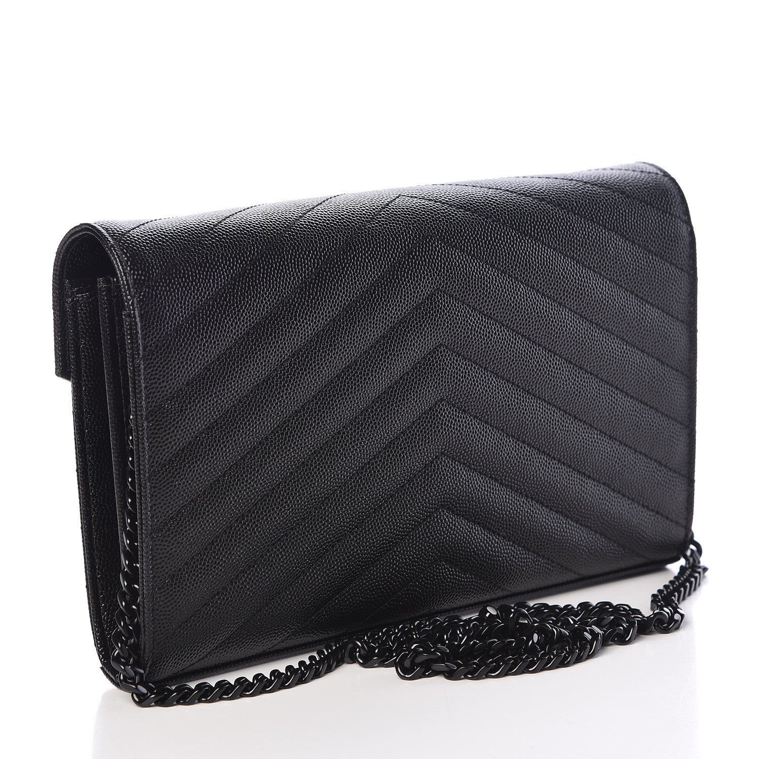 Saint Laurent Grain De Poudre Matelasse Chevron Monogram Chain Wallet Black 3 of 10