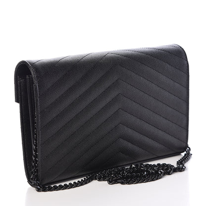 Saint Laurent Grain De Poudre Matelasse Chevron Monogram Chain Wallet Black 3 of 10