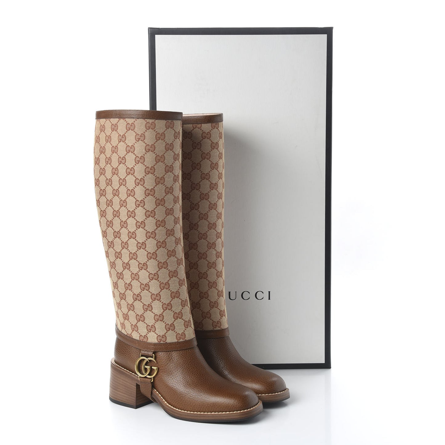 GG Monogram Calfskin Lola Tall Boots 38 Beige Ruggine Cuir
