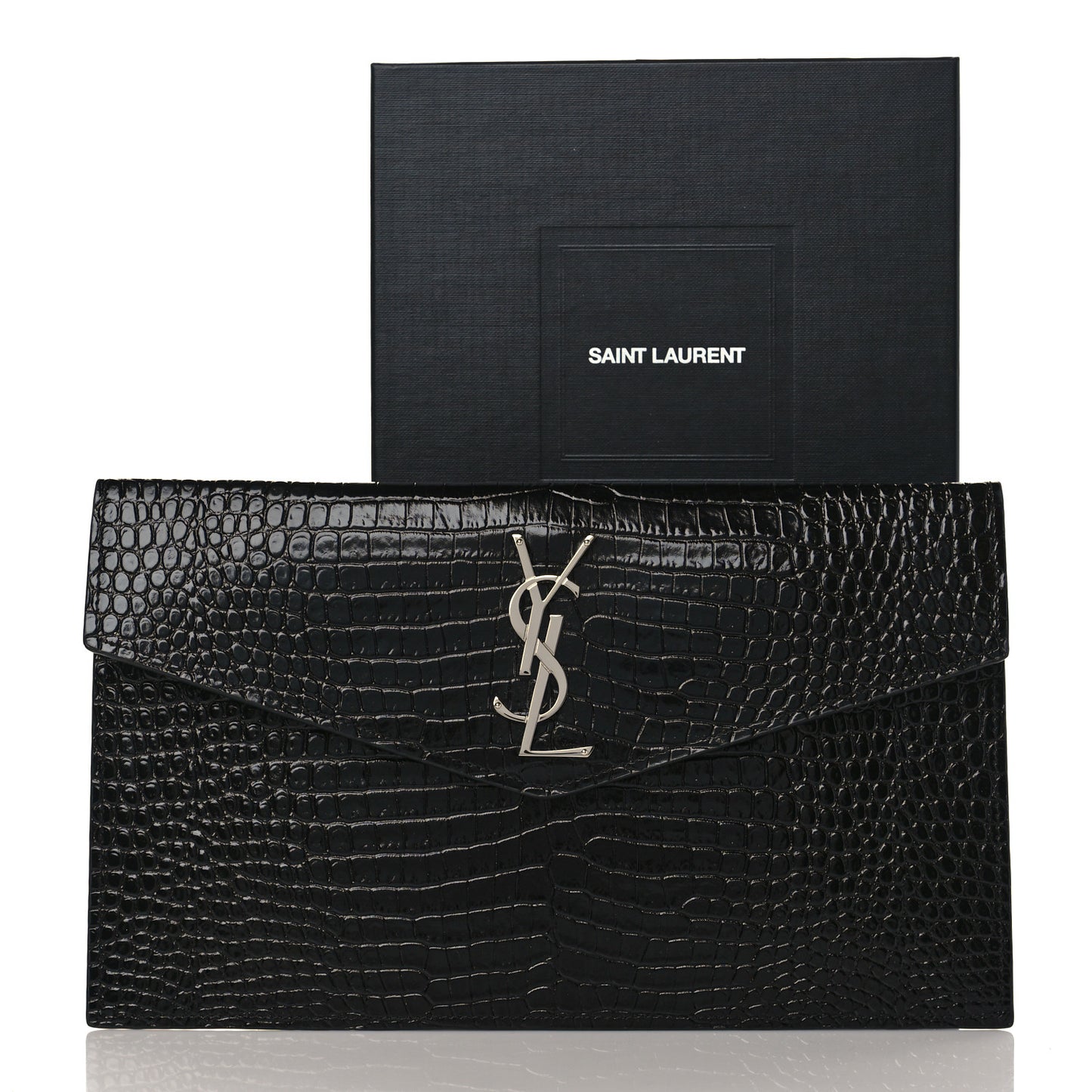 Calfskin Crocodile Embossed Uptown Monogram Clutch Black