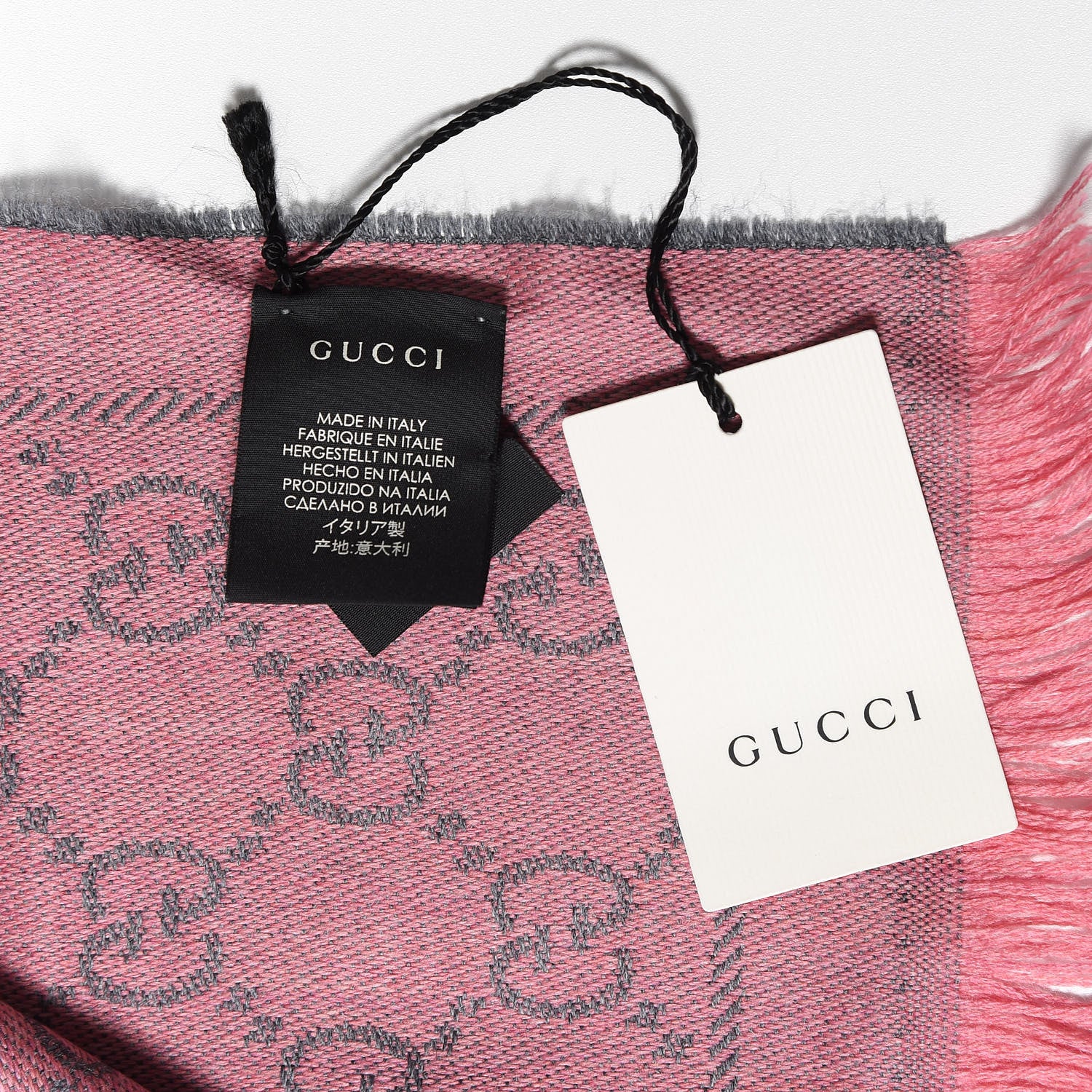 Gucci Wool Jacquard GG Monogram Sten Fringe Scarf Graphite Pink 5 of 5