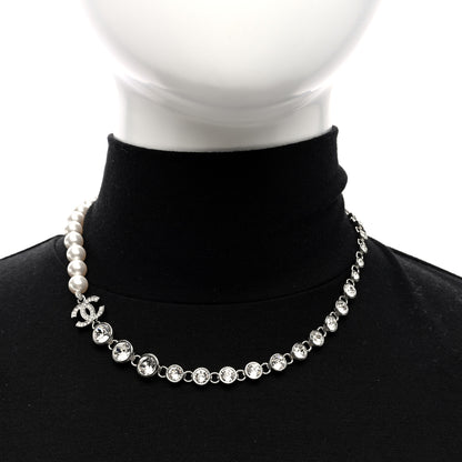 Chanel Pearl Crystal CC Choker Necklace Silver Pearly White 2 of 5