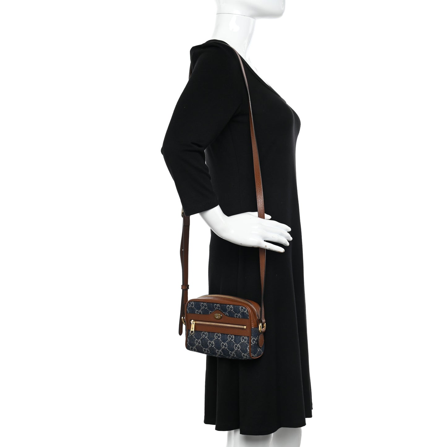 New Denim GG Monogram Dollar Calfskin Mini Ophidia Shoulder Bag Blue Tea Cuir Epilog