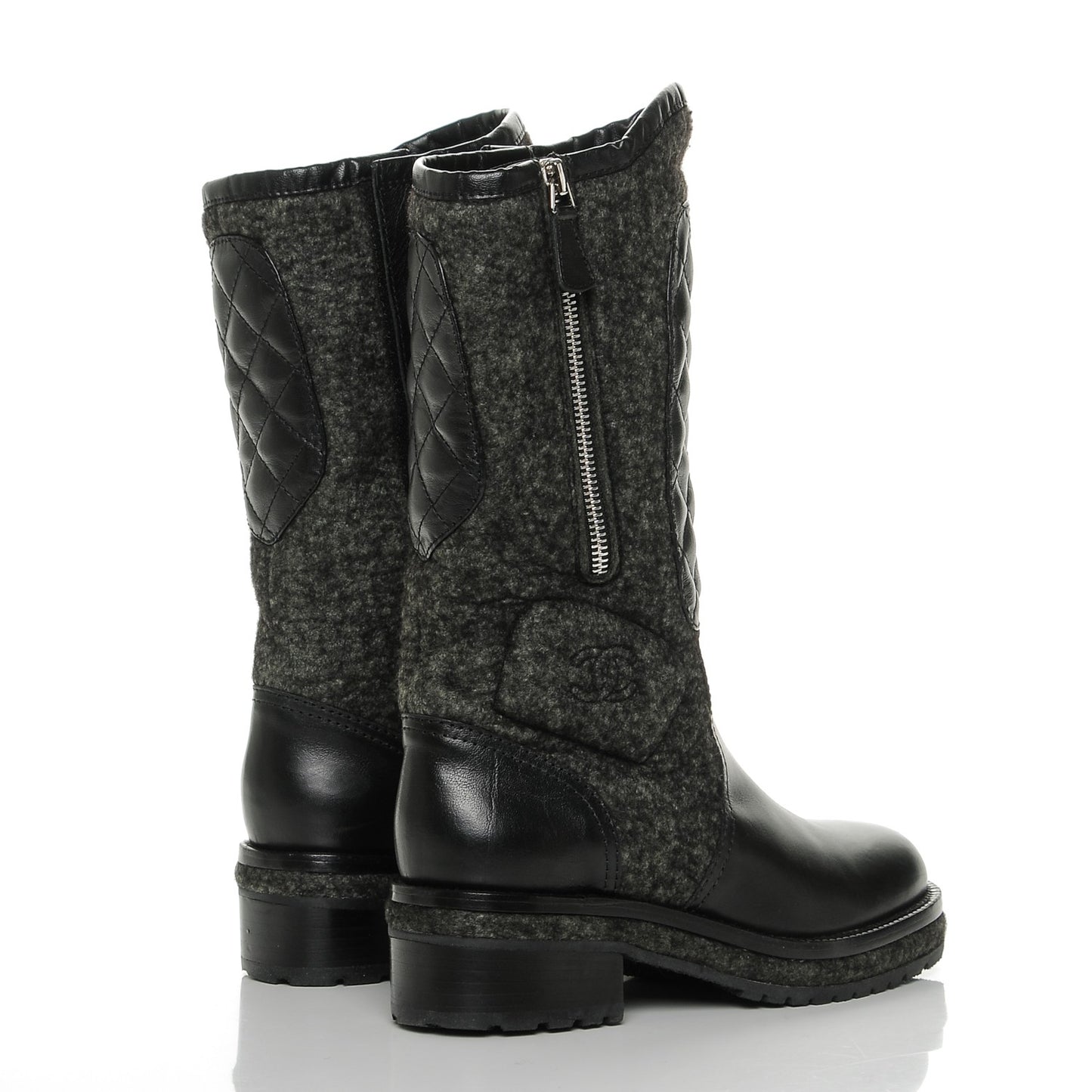 Wool Calfskin Quilted Biker Boots 36.5 Black