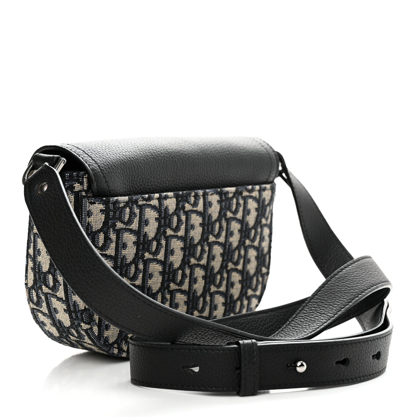 Oblique Jacquard Grained Calfskin Saddle Pouch With Strap Beige Black