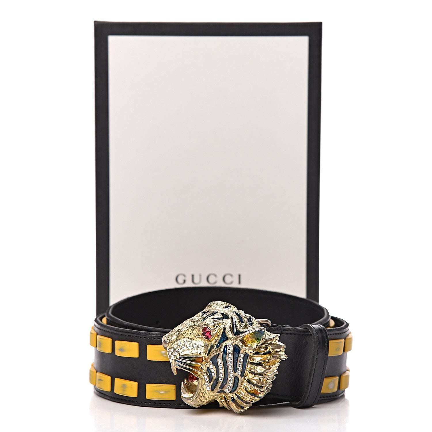 Gucci Metal Tiger Head Studded Belt 85 34 Yellow Black 8 of 8