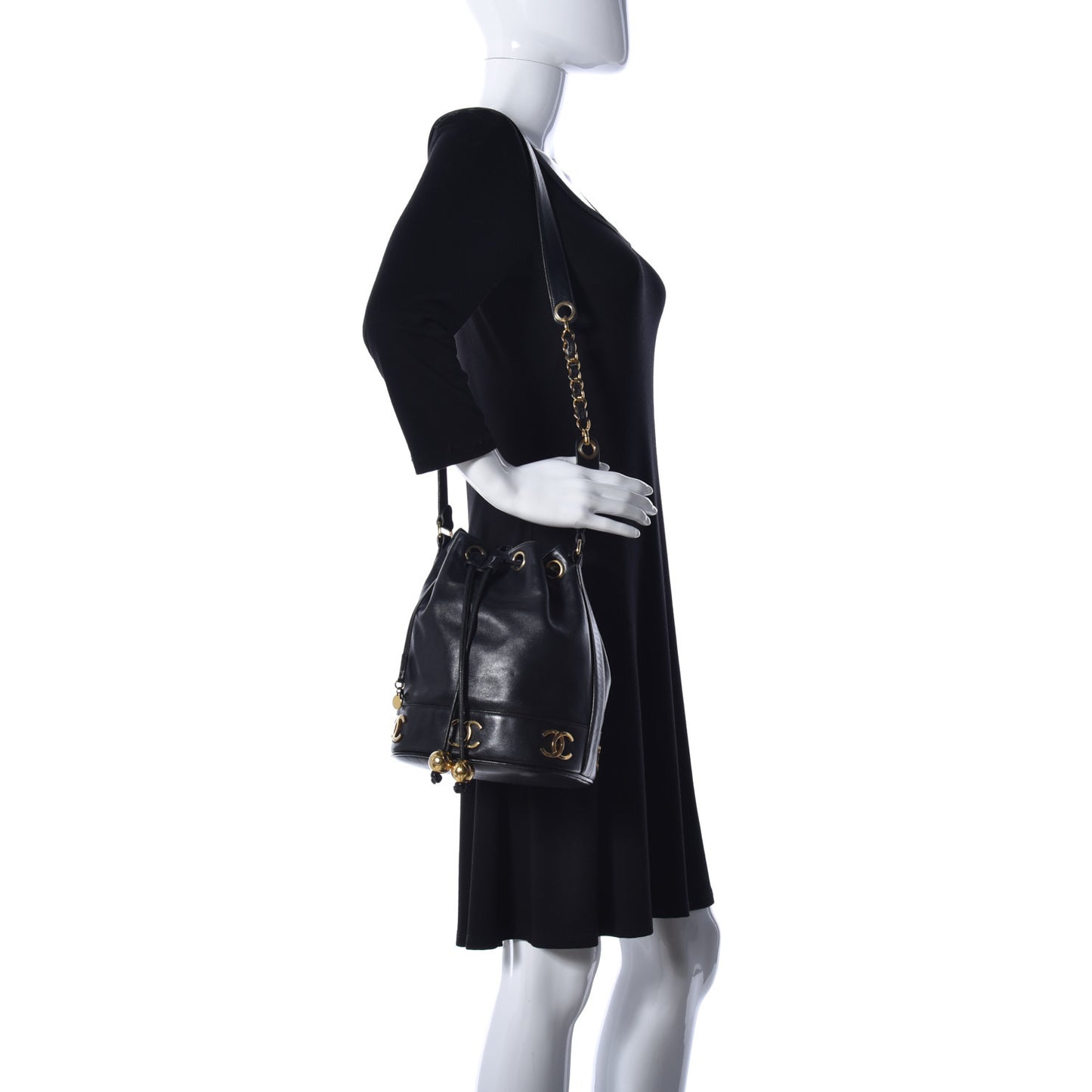 Lambskin Drawstring Bucket Bag Black