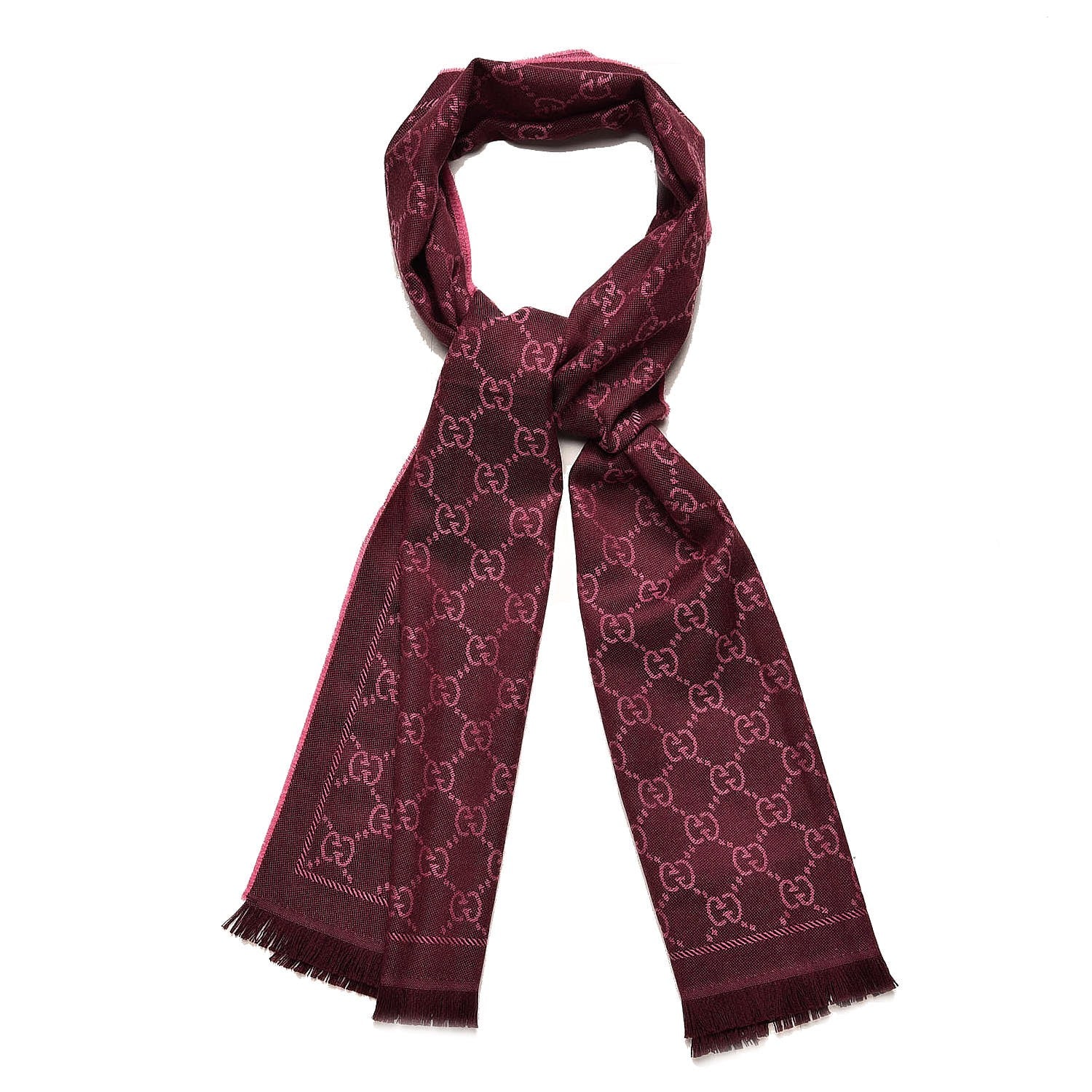 Gucci Wool Jacquard GG Monogram Sten Fringe Scarf Magenta Bordeaux 1 of 5