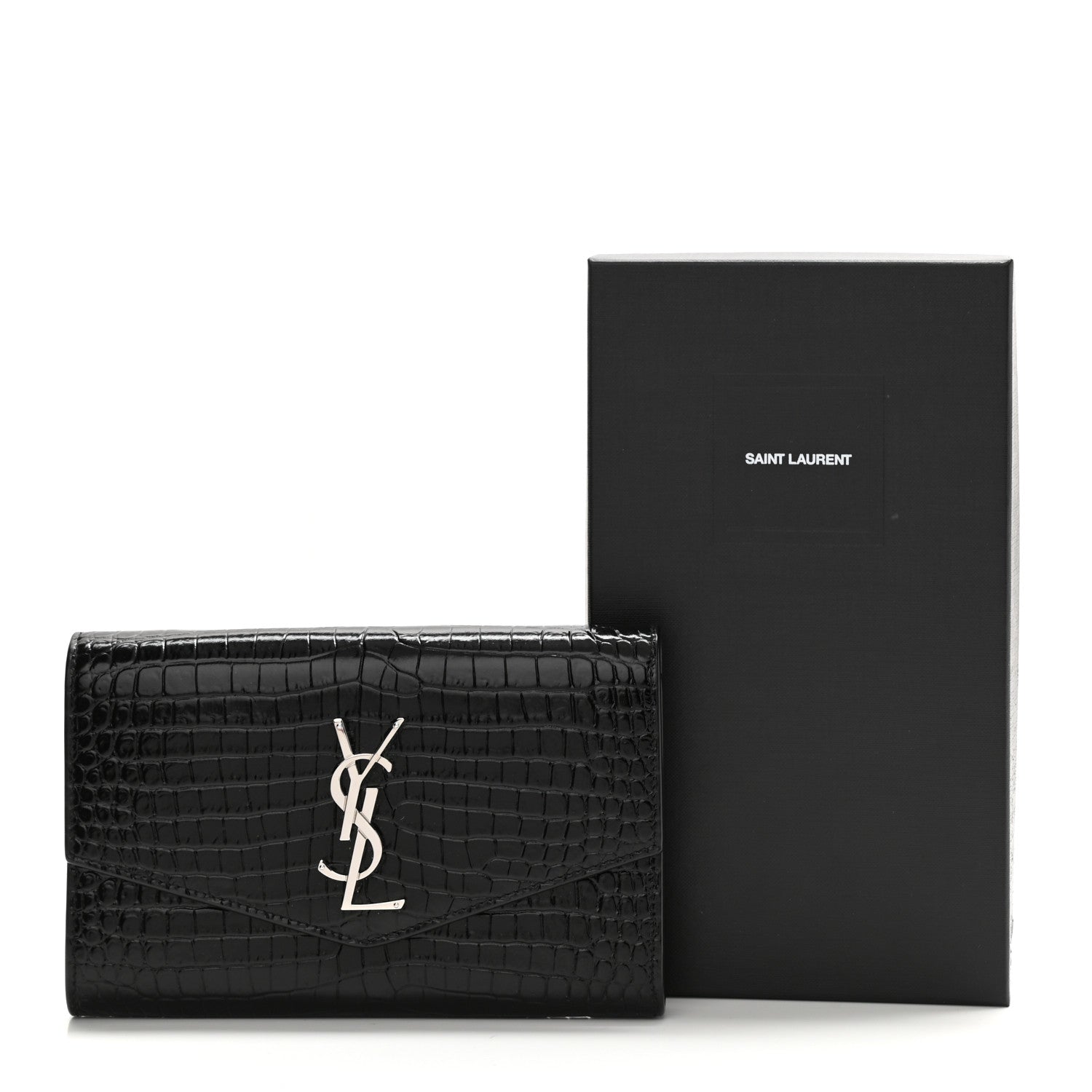 Saint Laurent Calfskin Crocodile Embossed Monogram Uptown Chain Wallet Black 14 of 14