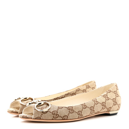 Gucci Monogram Miro Soft Calfskin Womens Horsebit Peep Toe Flats 6 Beige Ebony Mystic White 4 of 10