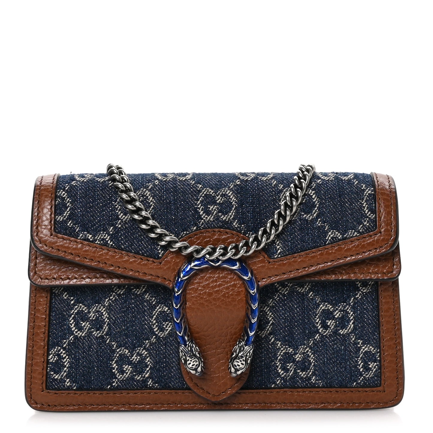 New Denim GG Monogram Dollar Calfskin Enamel Super Mini Dionysus Shoulder Bag Blue Tea Cuir Epilog Electric Blue