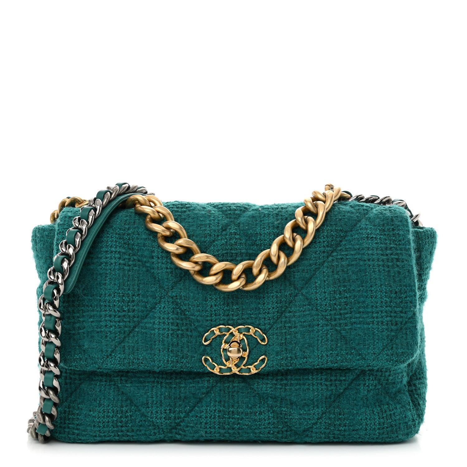 Chanel Tweed Quilted Large Chanel 19 Flap Green 1 of 13