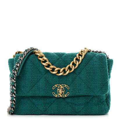 Chanel Tweed Quilted Large Chanel 19 Flap Green 1 of 13