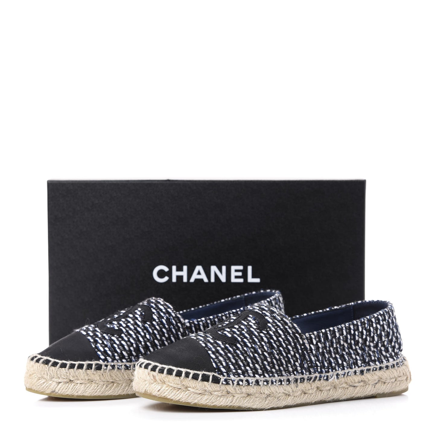 Tweed Grosgrain CC Espadrilles 36 Black Navy White