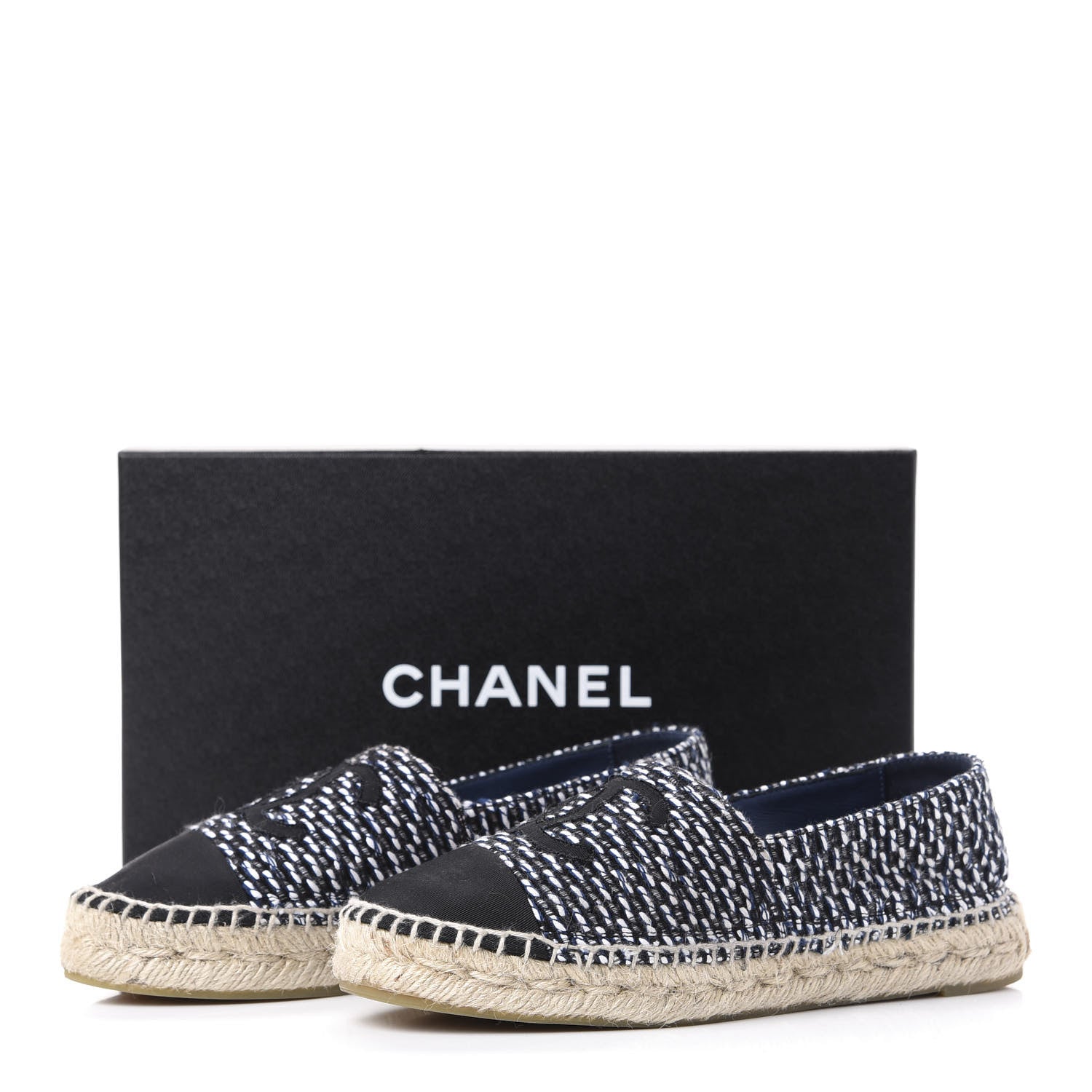 Chanel Tweed Grosgrain CC Espadrilles 36 Black Navy White 11 of 11