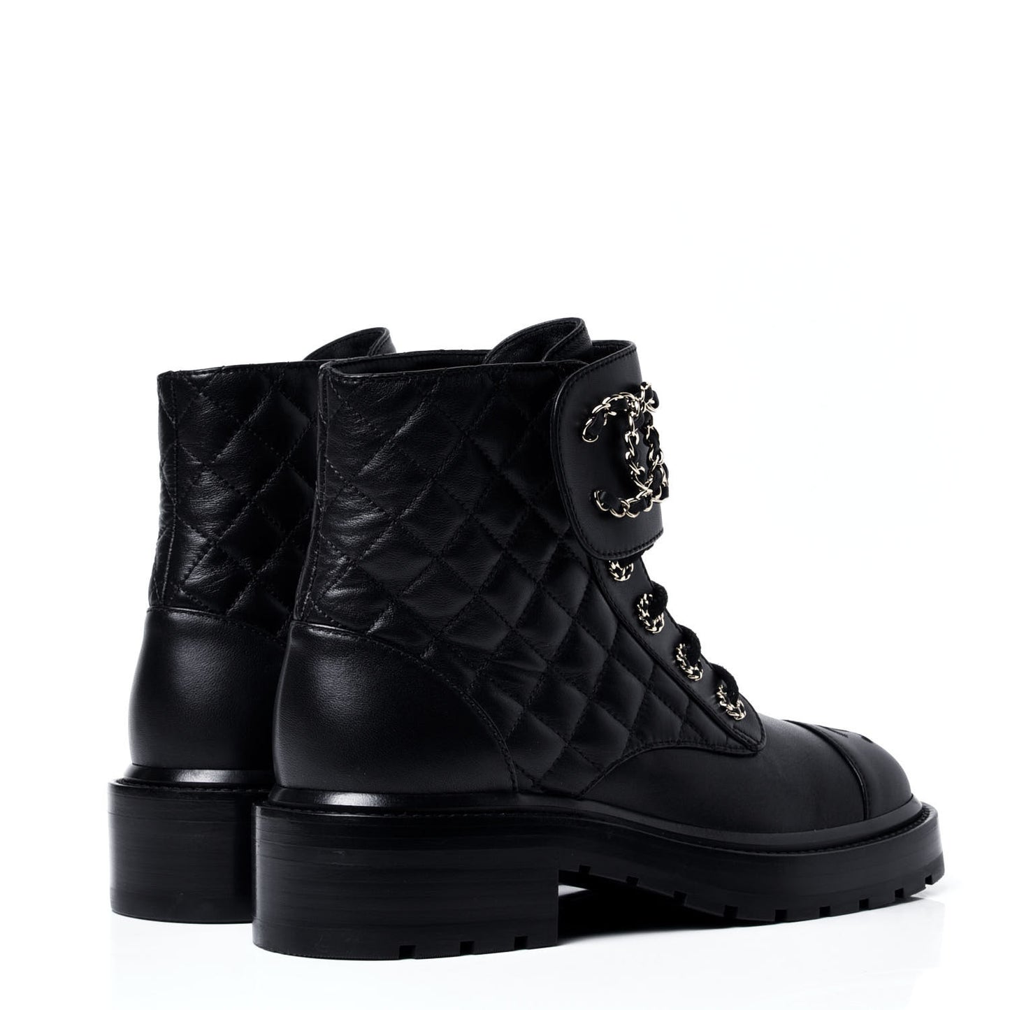 Shiny Lambskin Quilted Lace Up Combat Boots 37 Black