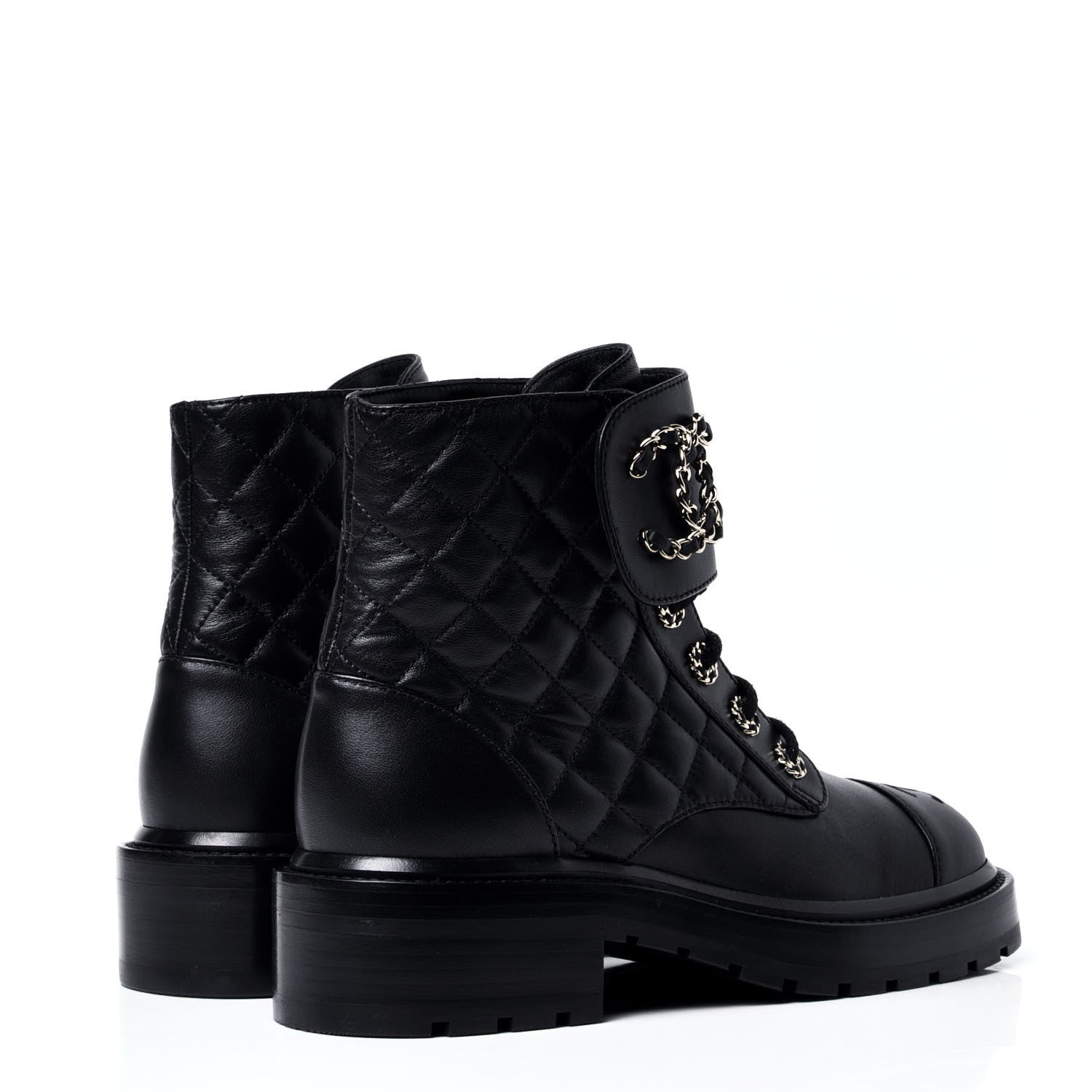 Chanel Shiny Lambskin Quilted Lace Up Combat Boots 37 Black 3 of 6