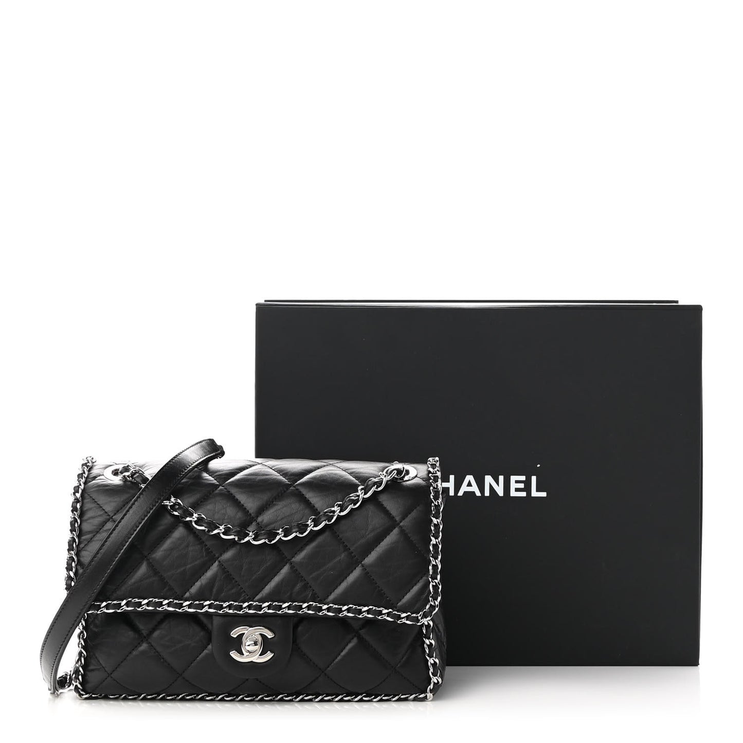 Crumpled Calfskin Medium Chain All Over Flap Black