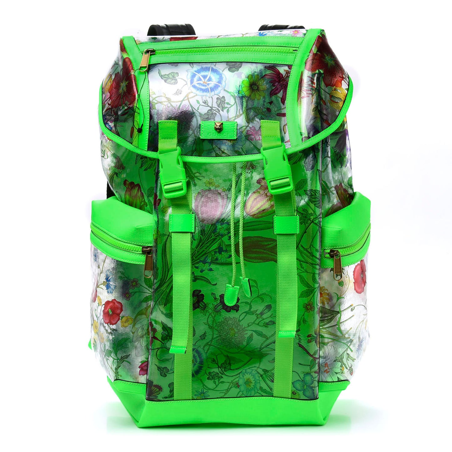 PVC Floral Double Buckle Backpack Fluo Green