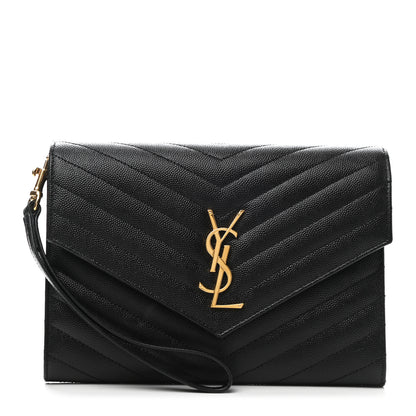 Saint Laurent Grain De Poudre Matelasse Chevron Monogram Envelope Clutch Black 1 of 9
