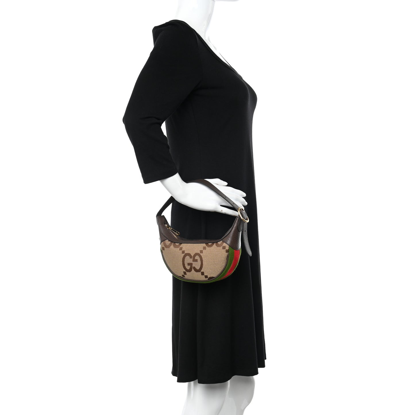 Monogram Jumbo GG Textured Dollar Calfskin Web Mini Ophidia Half Moon Hobo Camel Ebony New Acero