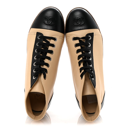 Chanel Lambskin CC Lace Up Short Boots 40 Beige Black 2 of 9