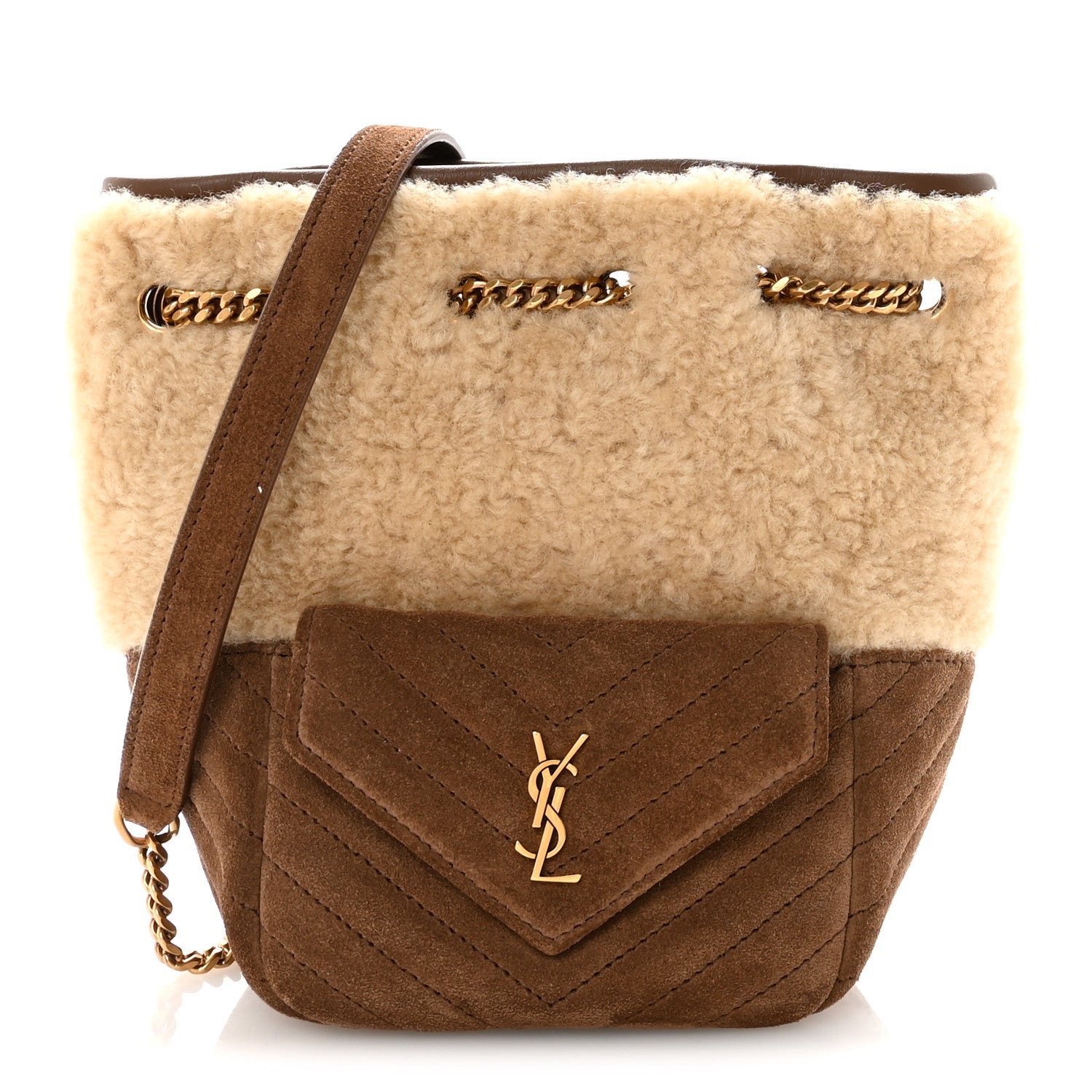 Saint Laurent Shearling Suede Monogram Joe Nano Bucket Bag Dark Cigar Natural Beige 1 of 9