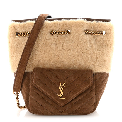 Saint Laurent Shearling Suede Monogram Joe Nano Bucket Bag Dark Cigar Natural Beige 1 of 9