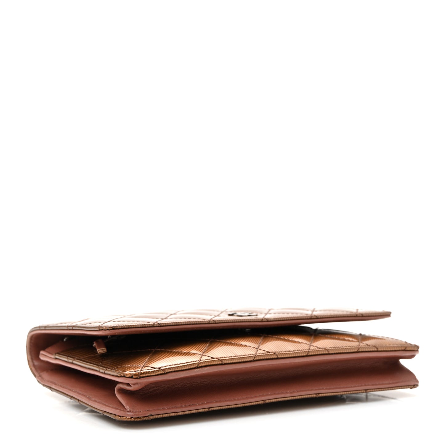 Metallic Striated Patent Quilted Wallet on Chain WOC Bronze