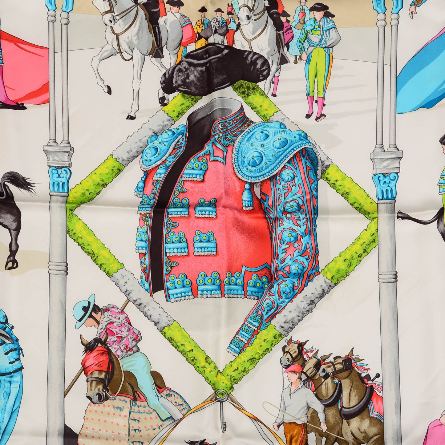 Silk Plaza De Toros Scarf 90 Blanc Turquoise Multicolor