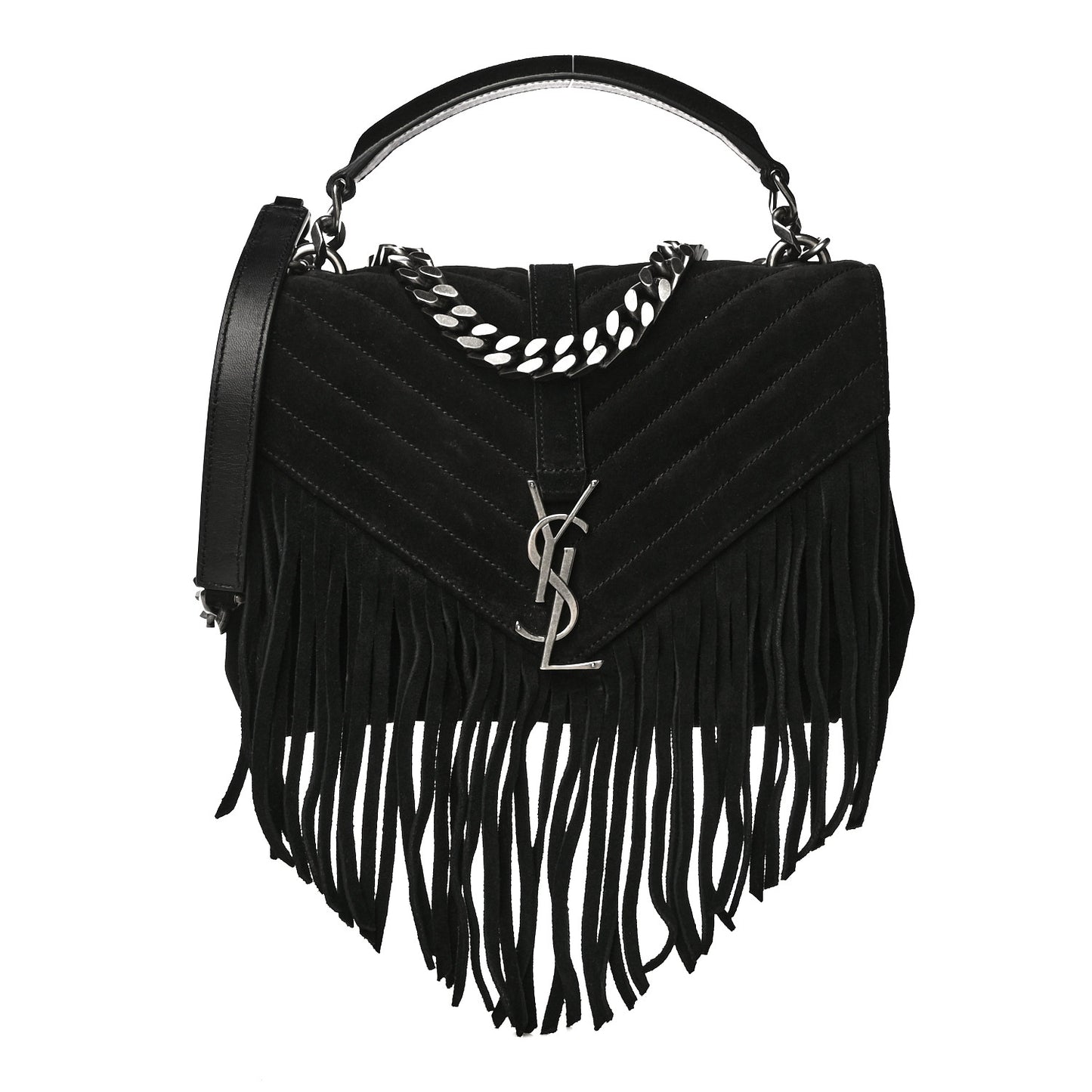 Suede Matelasse Chevron Fringe Monogram Medium College Bag Black
