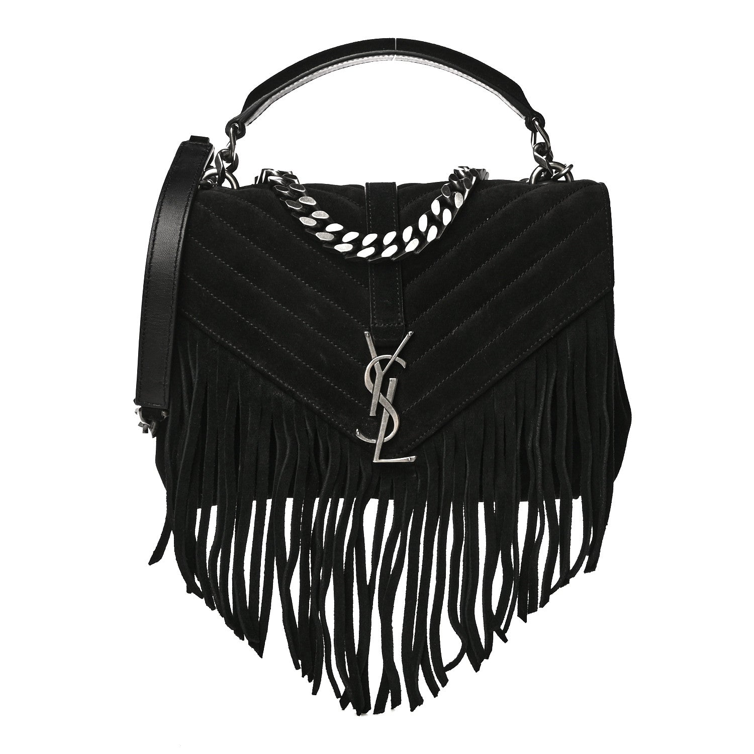Saint Laurent Suede Matelasse Chevron Fringe Monogram Medium College Bag Black 1 of 15