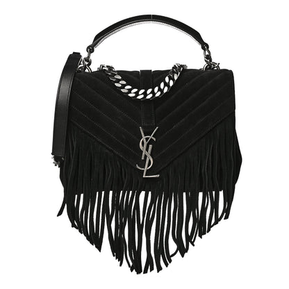 Saint Laurent Suede Matelasse Chevron Fringe Monogram Medium College Bag Black 1 of 15