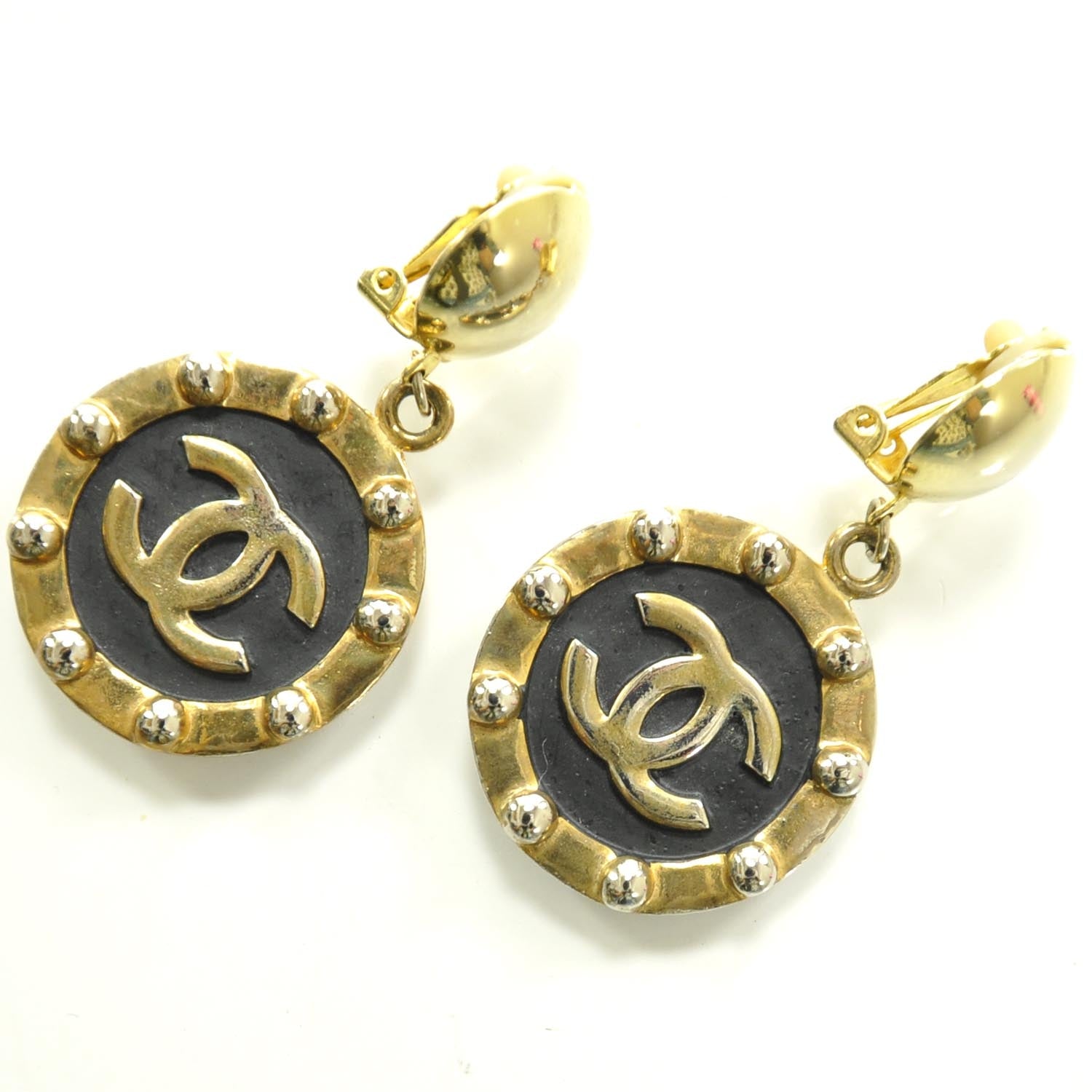 Chanel CC Studded Clip On Earrings Black and Gold 1 of 4