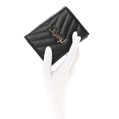 Saint Laurent Grain De Poudre Matelasse Chevron Monogram Flap Card Case Black 2 of 8