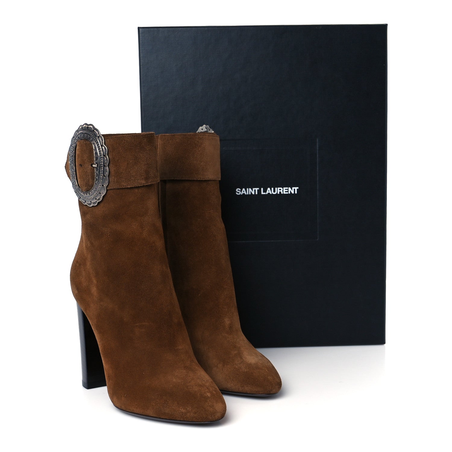 Saint Laurent Suede Embellished Joplin Buckle Booties 37.5 Land 10 of 10