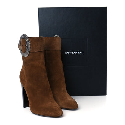 Saint Laurent Suede Embellished Joplin Buckle Booties 37.5 Land 10 of 10