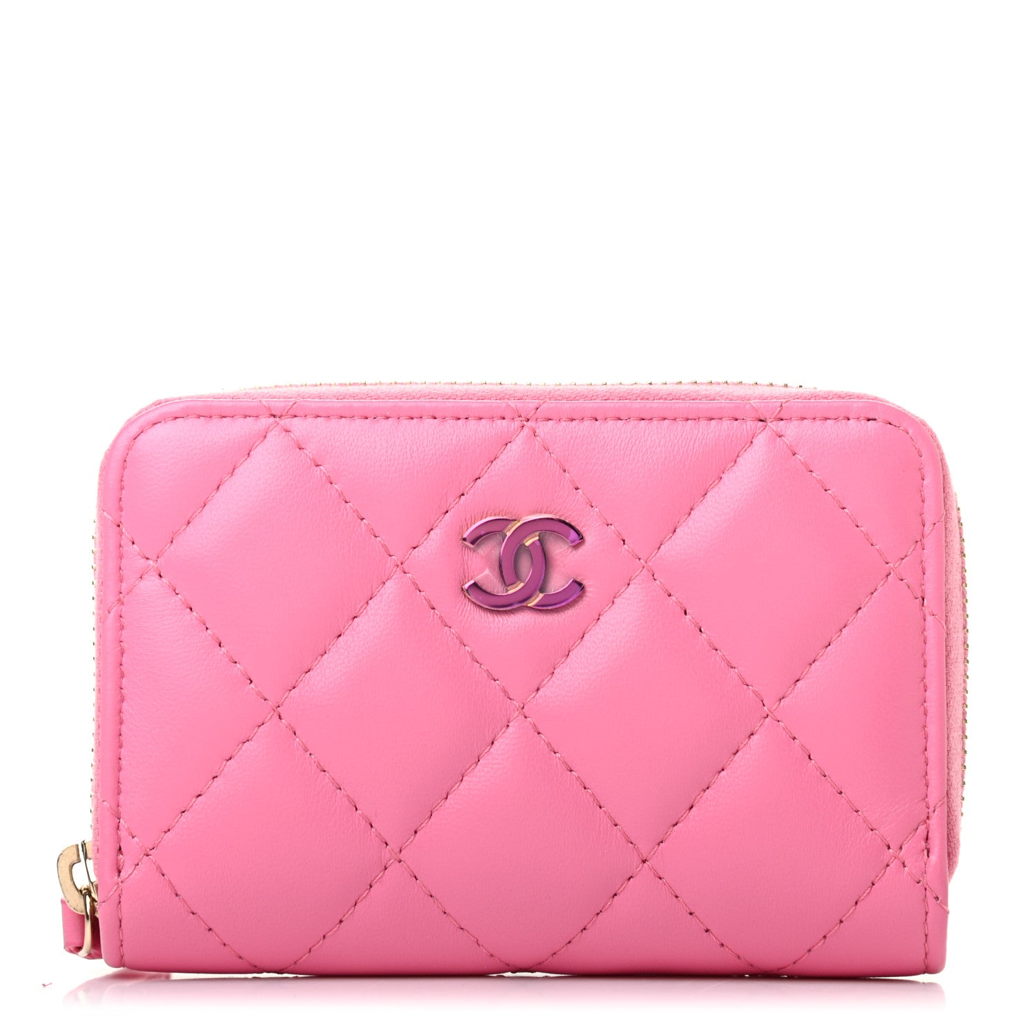 Chanel Lambskin Quilted Zip Around Coin Purse Wallet Pink Yellow 1 of 7