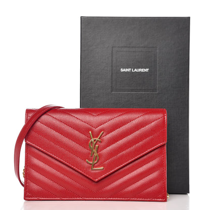 Saint Laurent Grain De Poudre Matelasse Chevron Monogram Envelope Chain Wallet New Red 7 of 7