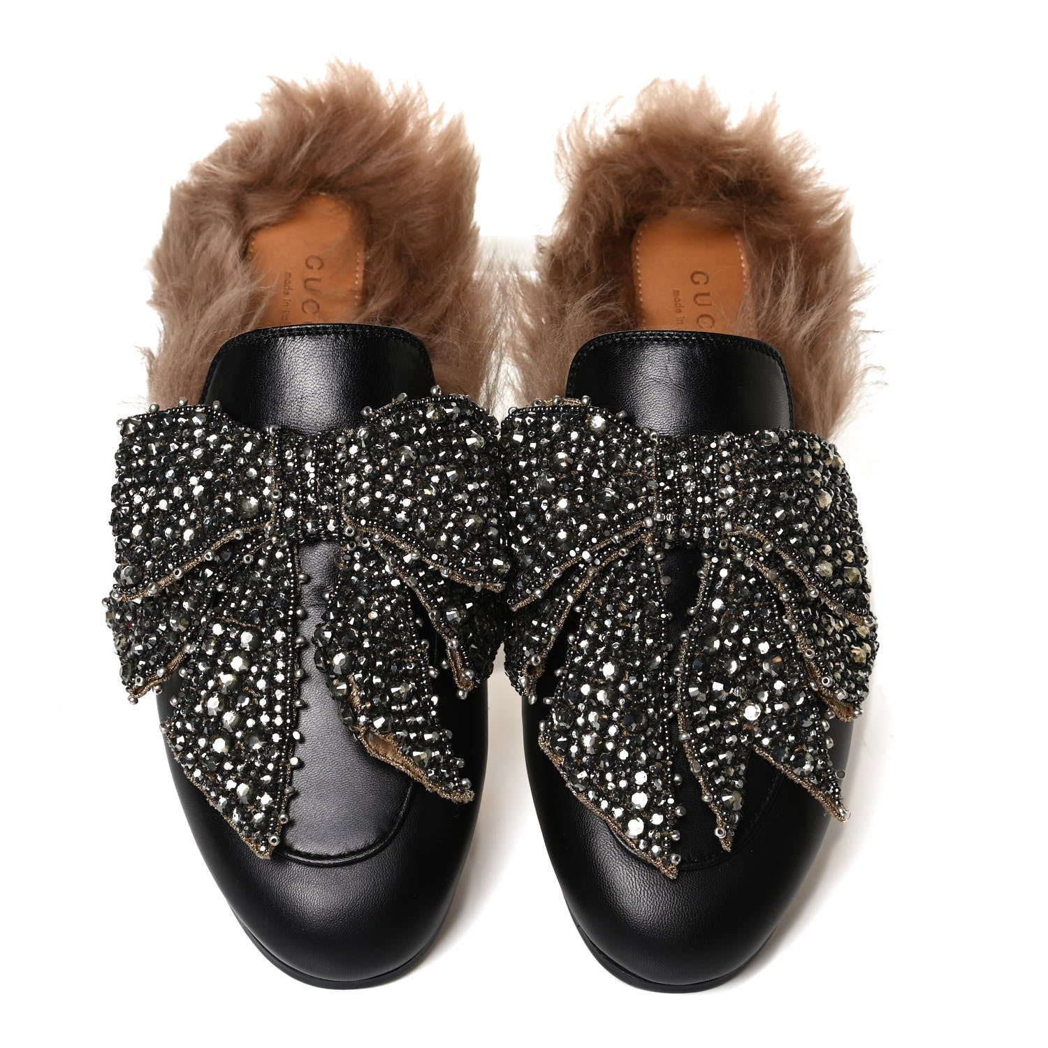 Gucci Malaga Kid Fur Crystal Bow Embroidered Womens Princetown Slippers 38 Black 5 of 10